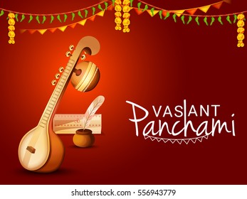Decorated instrument veena for Happy Vasant Panchami Celebration Background.