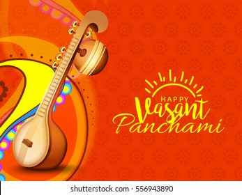 Decorated instrument veena for Happy Vasant Panchami Background.