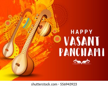 Decorated instrument veena for Happy Vasant Panchami Background.