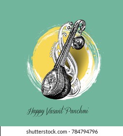 Decorated instrument veena for Happy Vasant Panchami Celebration Background.