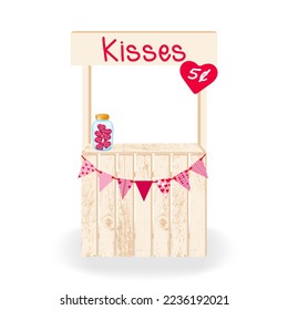 Decorated Kissing Booth isolated on white. Wooden kissing booth for celebrating Valentine's Day, wedding or birthday. Vector illustration.