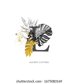 Decorated L letter with hand drawn tropical leaves and golden elements. Vector illustration