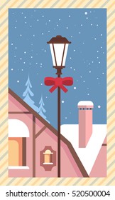 Decorated Lantern Snowy House Happy New Year Merry Christmas Greeting Card Retro Poster Flat Vector Illustration