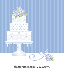 Decorated Layer Cake on Stand with Blue Hydrangeas