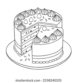 Decorated Layer Cake with Slice Showing Cross-Section Design for Coloring Pages