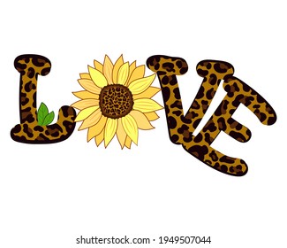 Decorated with leopard print and yellow sunflower, the word Love.