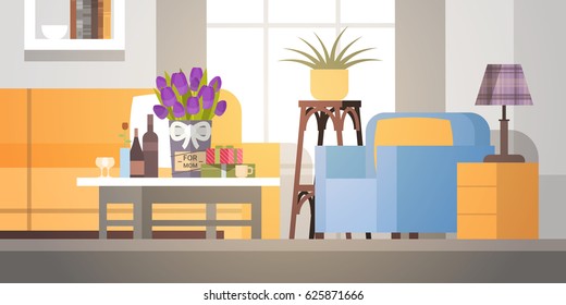 Decorated Living Room Interior, Flowers For Mom, Happy Mother Day Spring Holiday Flat Vector Illustration