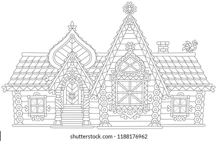 Decorated log house from a fairy tale, black and white vector illustration in a cartoon style