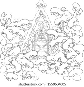 Decorated log house from a fairytale among snow-covered fir trees, black and white vector illustration in a cartoon style for a coloring book