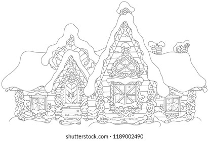 Decorated log house from a fairytale covered with snow, black and white vector illustration in a cartoon style