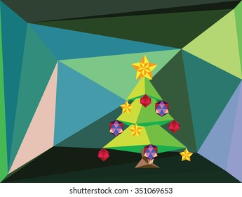 Decorated low poly green Christmas tree, holiday illustration in polygonal design.