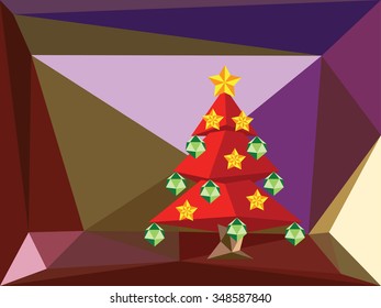 Decorated low poly red Christmas tree, holiday illustration in polygonal design.