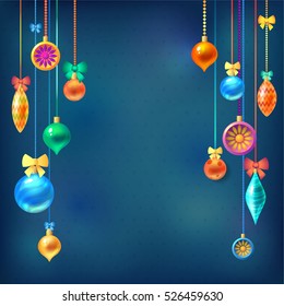 Decorated Merry Christmas and Happy New Year Glass Toys. Decoration frame on Blue Background. Space for your Text. Vector Illustration. 