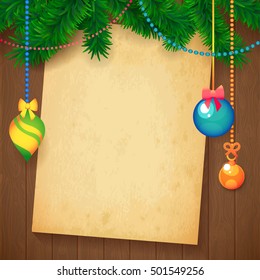 Decorated Merry Christmas Tree Branch. Happy New Year decoration frame on Wood with Cardboard for your Text. Vector Illustration.