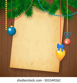 Decorated Merry Christmas Tree Branch. Happy New Year decoration frame on Wood with Cardboard for your Text. Vector Illustration.