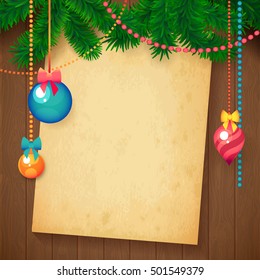 Decorated Merry Christmas Tree Branch. Happy New Year decoration frame on Wood with Cardboard for your Text. Vector Illustration.
