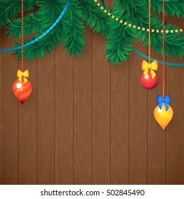 Decorated Merry Christmas Tree Branch.. Happy New Year decoration frame on Wood. Space for your Text. Vector Illustration. Christmas fir tree with decoration on dark wooden board