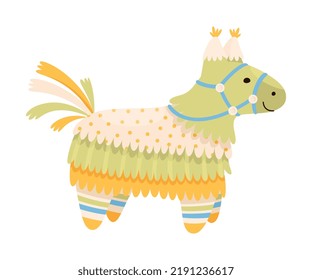 Decorated Mexican Pinata Llama as Colorful Toy Made of Papier-mache with Treats for Child Party Celebration Vector Illustration