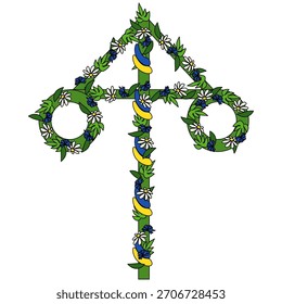 Decorated midsummer maypole covered with leaves and flowers, symbolizing Swedish midsummer traditions and summer festivities.