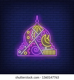 Decorated mosque dome neon sign. Islam, religion design. Night bright neon sign, colorful billboard, light banner. Vector illustration in neon style.