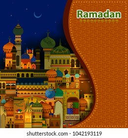 Decorated mosque in Eid Mubarak (Happy Eid) Ramadan background in vector
