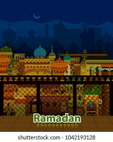 Decorated mosque in Eid Mubarak (Happy Eid) Ramadan background in vector