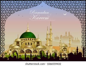 Decorated mosque in Eid Mubarak (Happy Eid) Ramadan background in vector