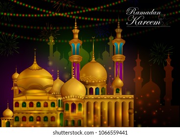 Decorated mosque in Eid Mubarak (Happy Eid) Ramadan background in vector