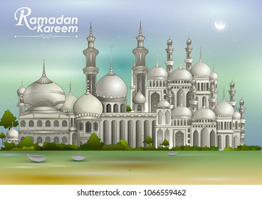 Decorated mosque in Eid Mubarak (Happy Eid) Ramadan background in vector