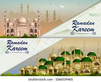 Decorated mosque in Eid Mubarak (Happy Eid) Ramadan background in vector