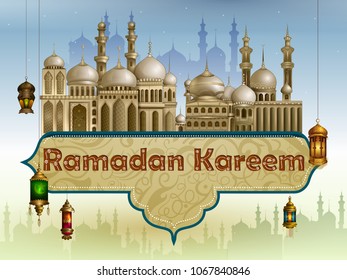 Decorated mosque in Eid Mubarak (Happy Eid) Ramadan background in vector