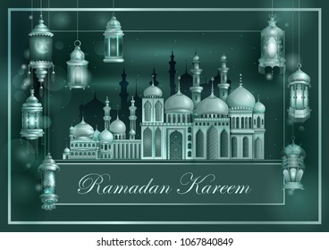 Decorated mosque in Eid Mubarak (Happy Eid) Ramadan background in vector