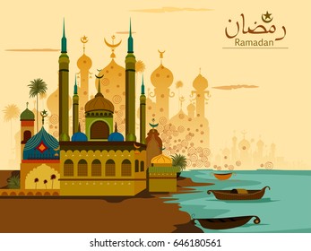 Decorated mosque in Eid Mubarak (Happy Eid) Ramadan background in vector