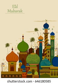 Decorated mosque in Eid Mubarak, Happy Eid, background in vector