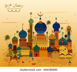 Decorated mosque in Eid Mubarak (Happy Eid) Ramadan Kareem background in vector