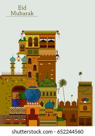 Decorated mosque in Eid Mubarak (Happy Eid) background in vector