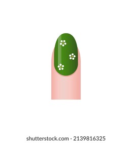 Decorated nail with chamomile flowers on finger, 3d vector illustration isolated on white background. Fingernail art or sticker, glossy polish on fake nail with concept of spring.