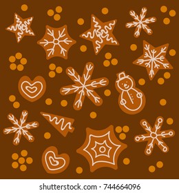 Decorated New Year gingerbread in the form of snowflakes, snowman, fir-trees. Vector illustration
