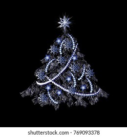 The decorated New Year tree in silver tones, the color vector image on a black background
