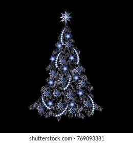 The decorated New Year tree in silver tones, the color vector image on a black background