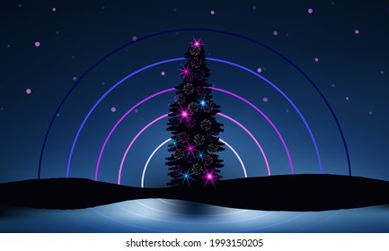 Decorated New Year tree, starry night, water surface reflections. Beautiful festive scene. Christmas vector illustration.