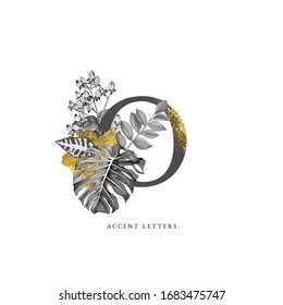 Decorated O letter with hand drawn tropical leaves and golden elements. Vector illustration
