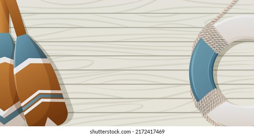 Decorated oars, lifebuoy with ropes on wooden background with space for text, vector illustration, For banner, poster, website interface. Concept of rowing, safety, journey, sea travel, marine trip