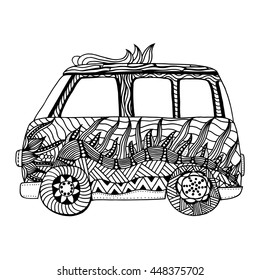 Decorated Old bus. Coloring page with high details. Made by trace from sketch. vector illustration.