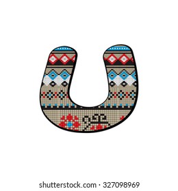Decorated original font, pixel art ethnic model inspired by a Balkan motif over a funny fat small letter isolated on white
