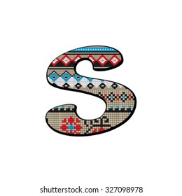 Decorated original font, pixel art ethnic model inspired by a Balkan motif over a funny fat small letter isolated on white