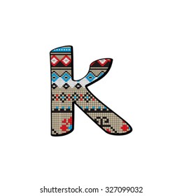 Decorated original font, pixel art ethnic model inspired by a Balkan motif over a funny fat small letter isolated on white
