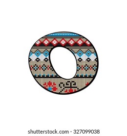 Decorated original font, pixel art ethnic model inspired by a Balkan motif over a funny fat small letter isolated on white