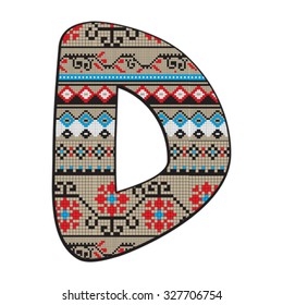 Decorated original font, pixel art ethnic model inspired by a Balkan motif over a funny fat capital letter isolated on white