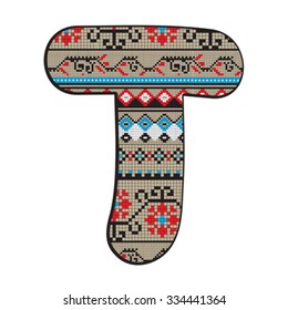 Decorated original font, pixel art ethnic model inspired by a Balkan motif over a funny fat capital letter T isolated on white
